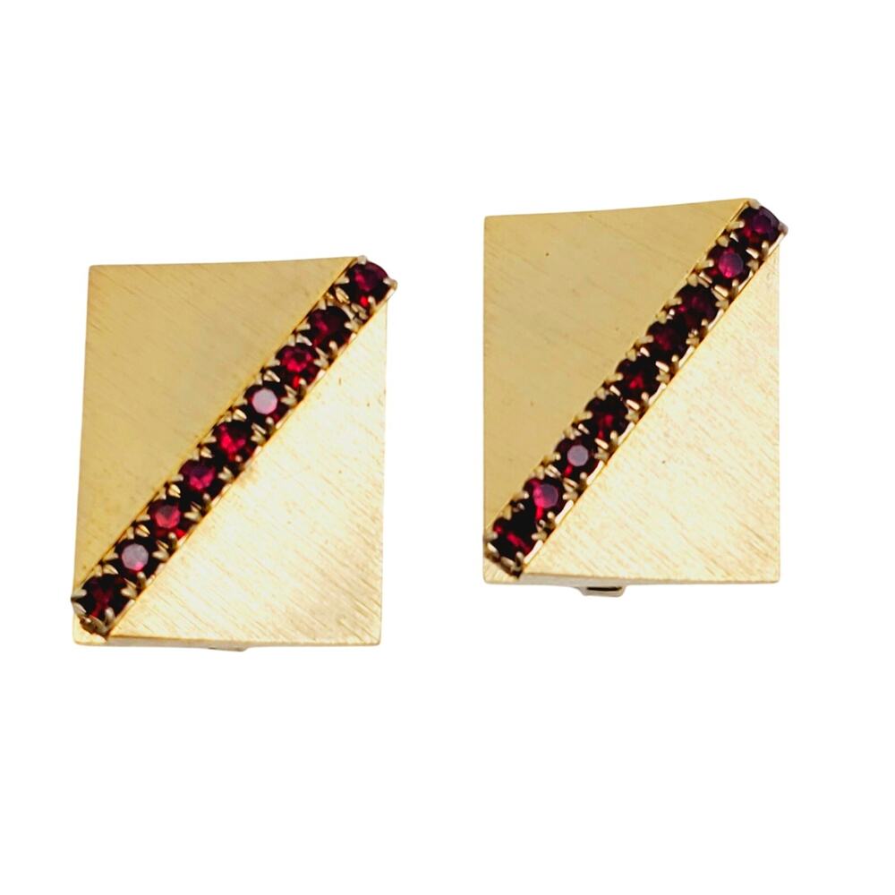 Sarah Coventry Gold Tone Cufflinks Geometric Red Glass Stones Matador 5861